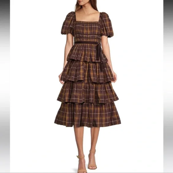 Antonio Melani Maisie Plaid Print Square Neck Puff Sleeve Ruffle Midi Dress - Picture 1 of 13